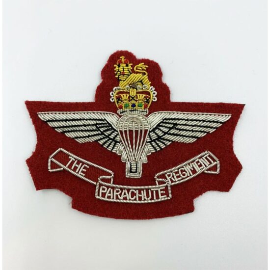 The-Parachute-Regment-On-Maroon-Cloth-With-Silver-Wire-And-Bullion-Blazer-Badge